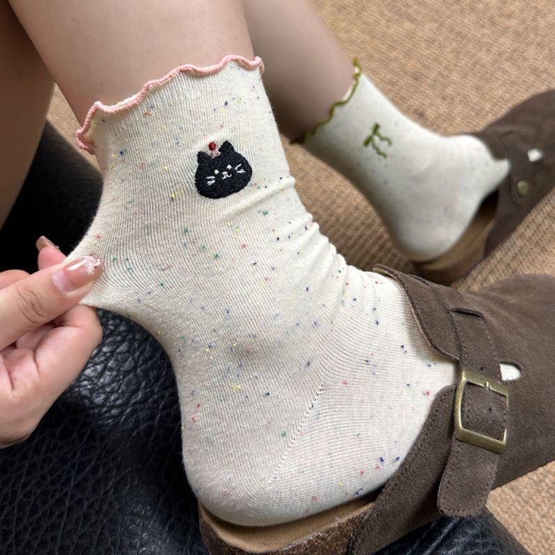 10 Pairs Socks Women's Mid-tube Socks Fungus Edge Autumn Cute Cartoon Ideas Sand Versatile Lace Bow Stockings