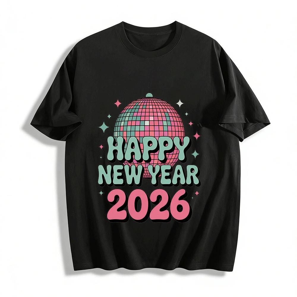 Retro Disco Ball 2026 Happy New Year Graphic Tee Pure cotton T-shirt XXS