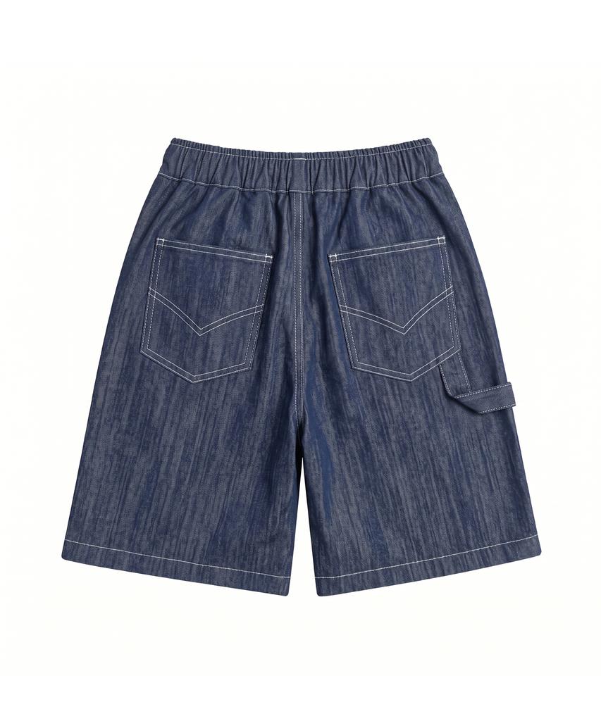 Noming Denim One-Pleat Strap Wide Bermuda Shorts - Blue