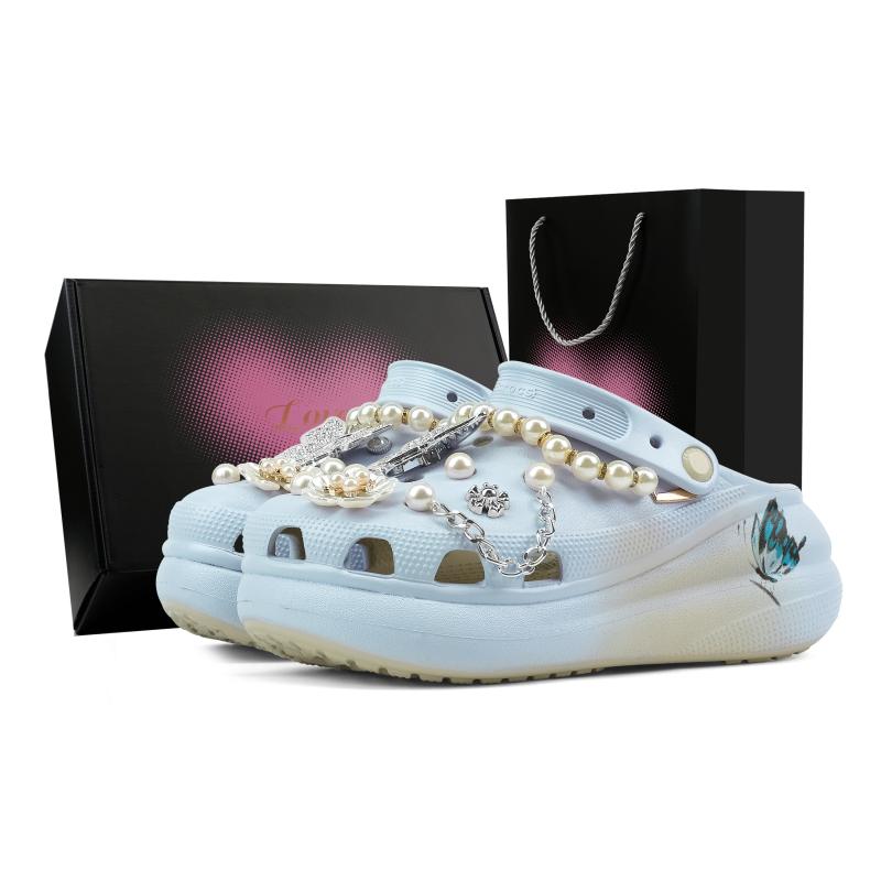 Crocs Crush Clog EVA Bow Fashion Trend Simple Gift Box Hole Shoes for Men and Women Light Blue