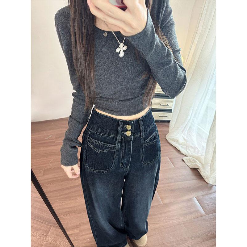 High Waist Retro Wide Leg Jeans for Women - Plus Size & Velvet Lined, Slimming A-Line Pants for Pear Shapes (Autumn/Winter)