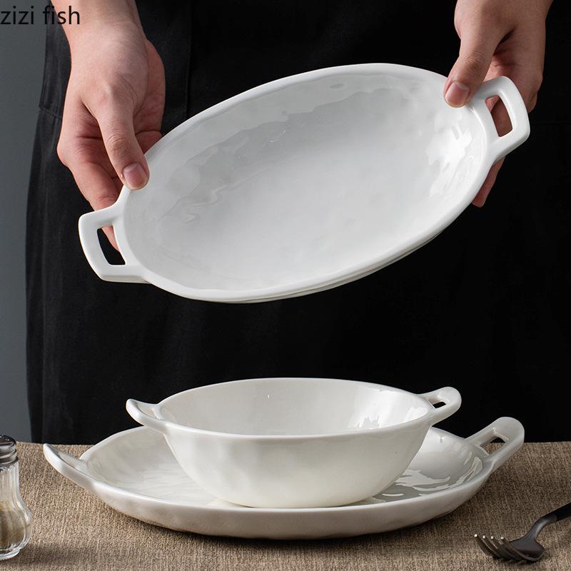 Double Ear Ceramic Soup Plate Fruit Dish Salad Bowl Dining Plates Sashimi Plate Serving Plates Sushi Dish Dessert Bowl Tray