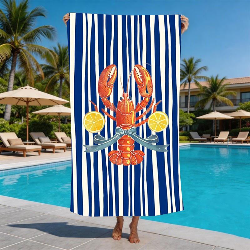 Cute Beachy Vibrant Lobster Microfiber Beach Towel Large Stripe Sand Free Pool Towel Quick Dry Lightweight Compact Travel Bag