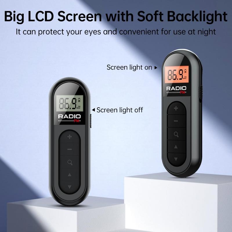 FM portable rechargeable pocket radio with LCD screen, suitable for gym, jogging, walking, camping