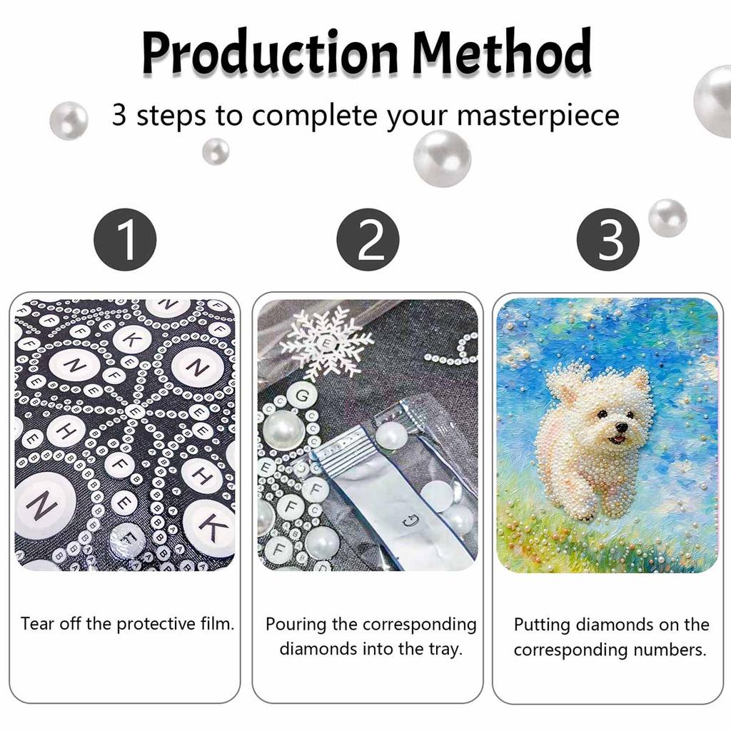 DIY Framed Pearl Painting Kit with Cute White Puppy Pattern 5D Sparkling Bead Art Canvas Ready to Display Home Decor Wall Art Gift Idea