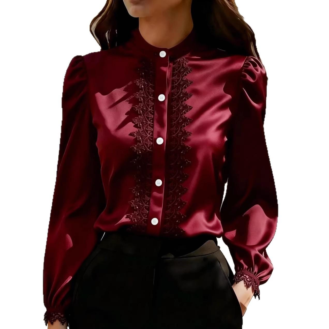 

Women s Long Sleeve Lace Trim Blouse Button Front Multi Colors XXL бордовий