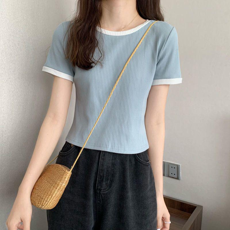 

Women s Summer Slim Ice Silk Color Block T-Shirt - Round Neck, Short Sleeve, Trendy & Versatile Fashion Top L (recommended for 100-110 jin) серый