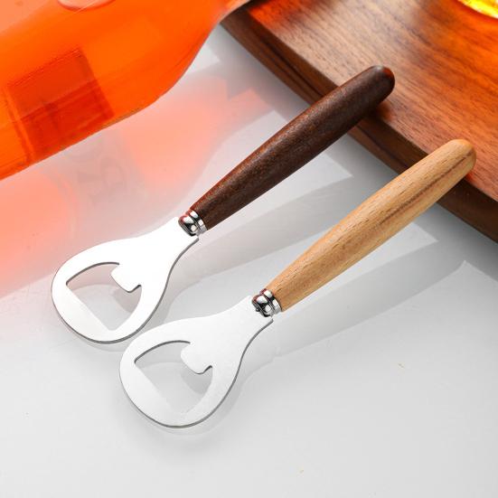 Beer Bottle Opener, Stainless Steel Cap Remover with Beech Wood Handle, Heavy Duty Opener for Kitchen Bar Camping Outdoor