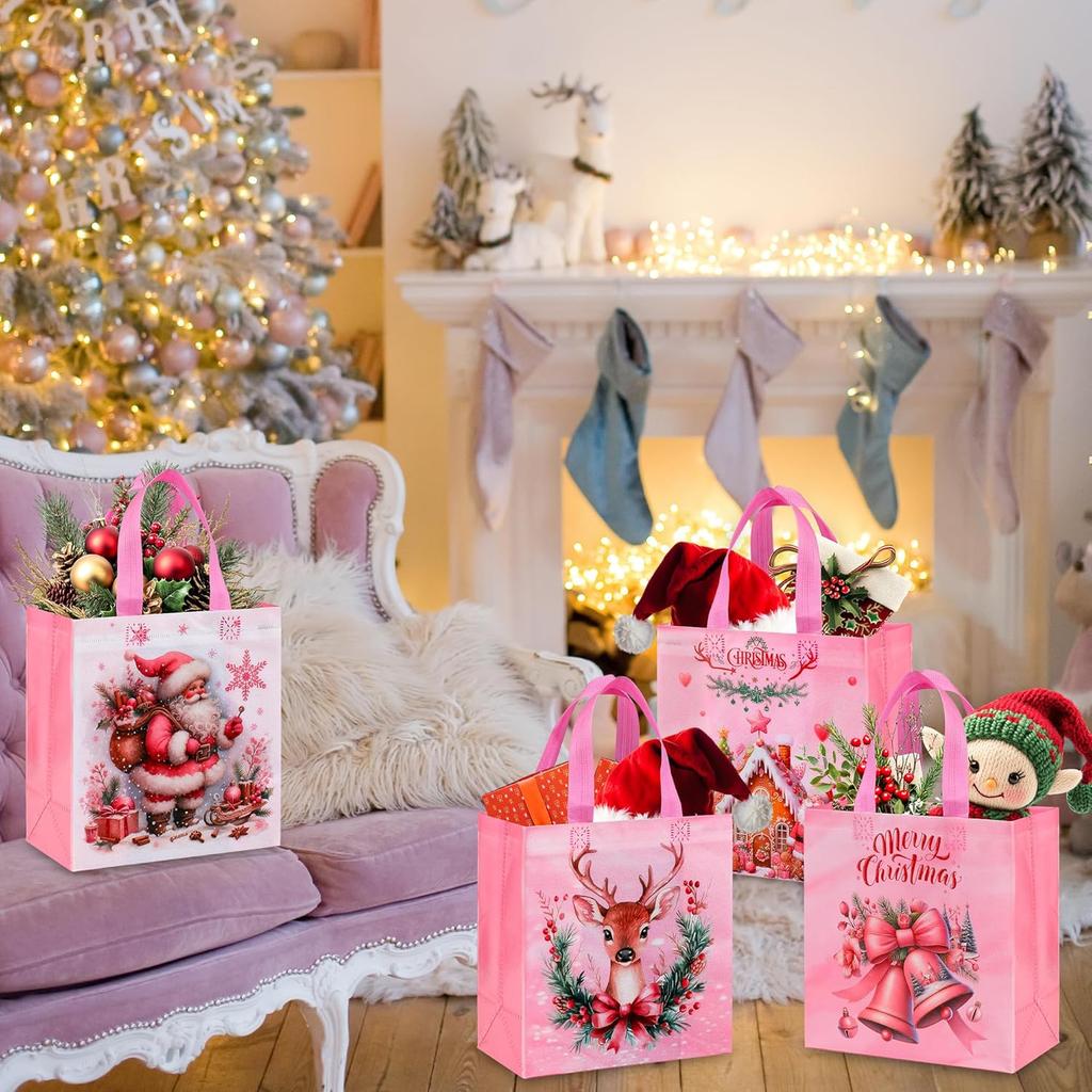 Non-Woven Christmas Gift Bags Reusable Christmas Treat Bag with Handle Santa Claus Reindeer Berries Pattern Party Favor Tote Bag