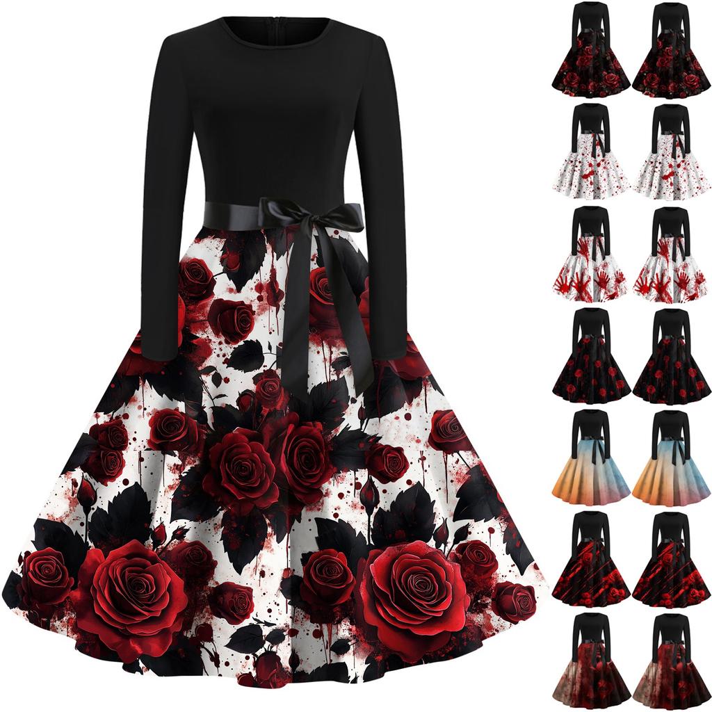 Women's Casual And Fashionable Long Sleeved R-neck Snowflake Print Dress