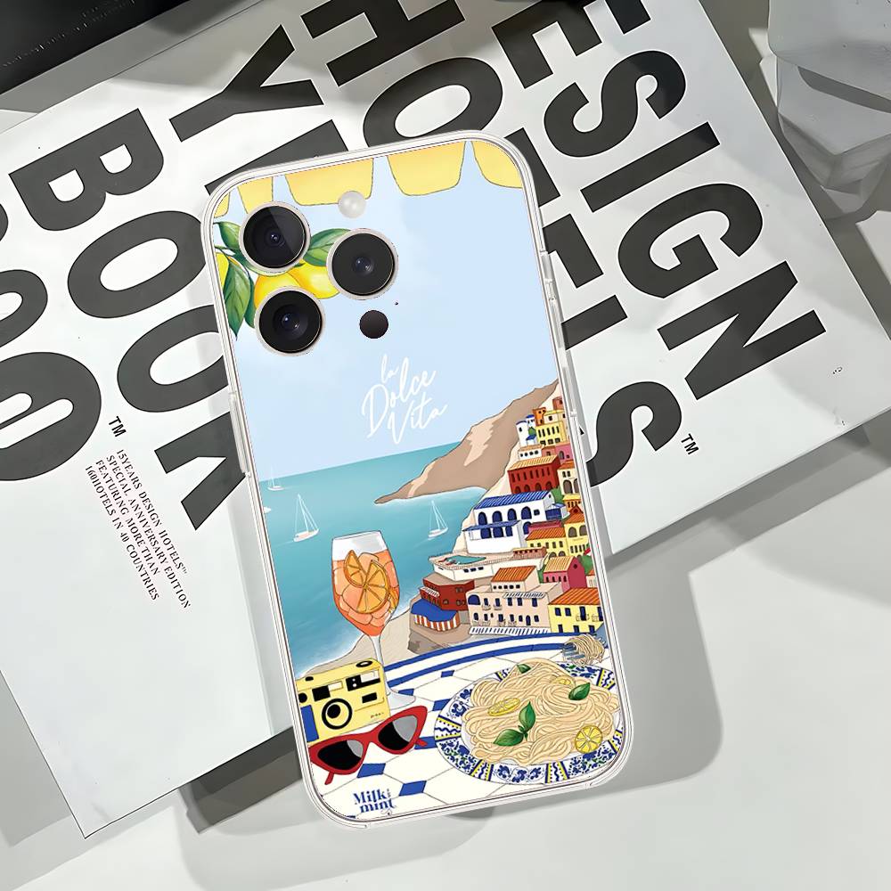 Seaside Scenery Wine Lemon Phone Case For iPhone 17 16 15 11 12 14 13 Pro Max Mini X XS XR 7 Plus 17E Shockproof Cover Fundas