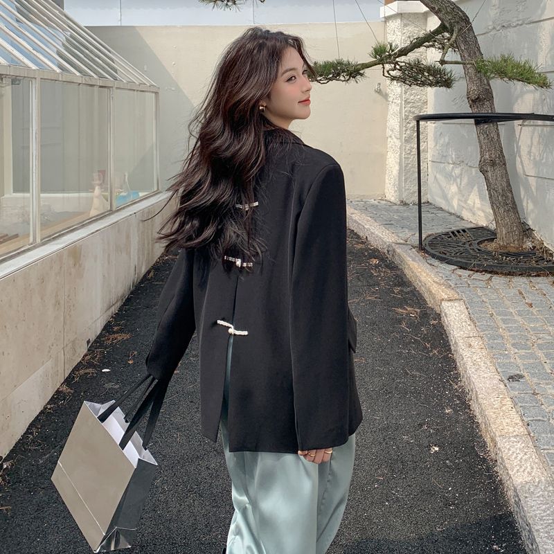 

Новый китайский стиль, черный костюм с разрезом сзади, верхняя одежда для женщин, весна-осень 2025, новый дизайнерский костюмный топ Black M