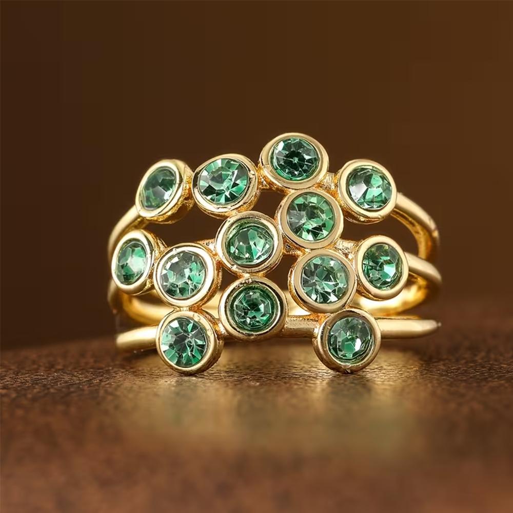 Green Cubic Zirconia Declaration Ring, Multi Row Bubble Bezel Set, Stackable Open Ring, Suitable for Elegant Party Jewelry Gifts