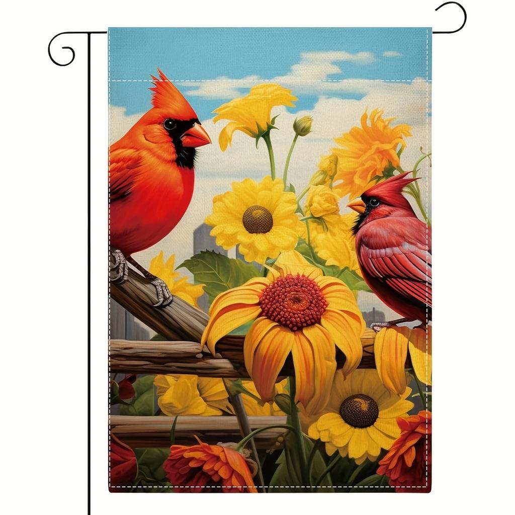 2D Flat, 1pc Autumn Cardinal Red Bird Sunflower Outdoor Garden Decoration for Holidays, Yard Size 12X18 Or , Flagpole Not IncludedFlagpole Not Include