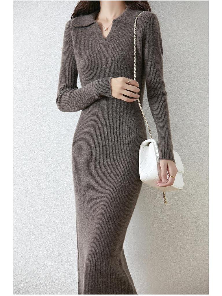 Autumn/Winter Wool Turn-Down Collar Slim-Fit Knitted Dress with Over-the-Knee Slit and Coat Set