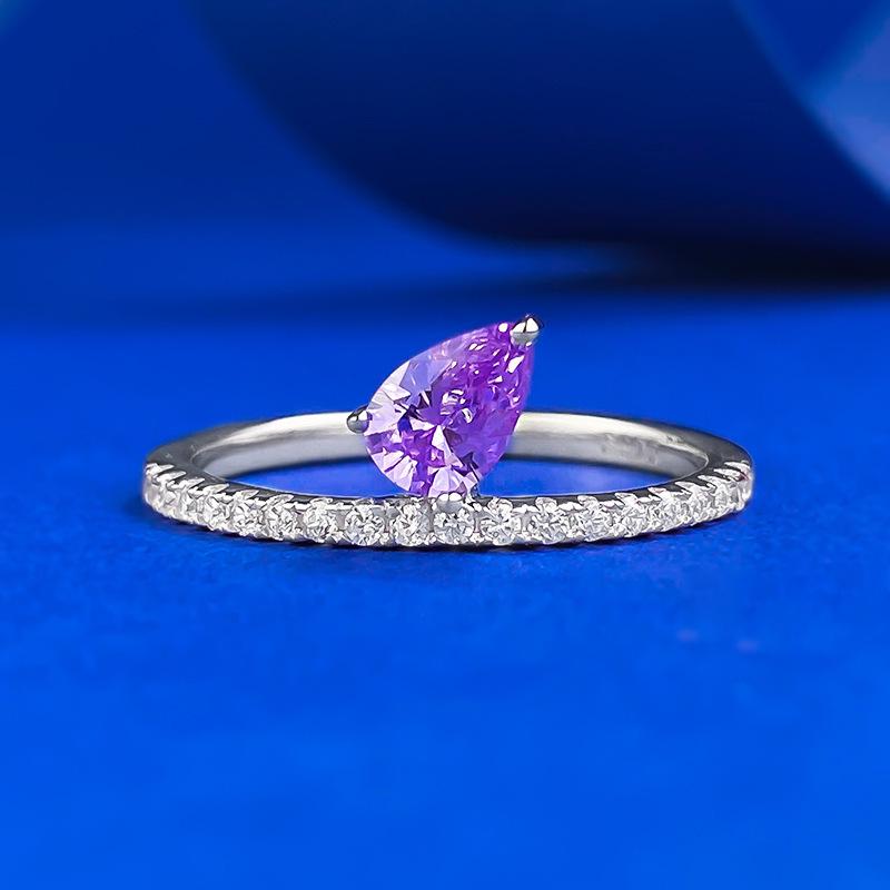 Luoxi Temple 925 Sterling Silver Purple Teardrop Minimalist Ring - 4x6mm Pear-Shaped Diamond