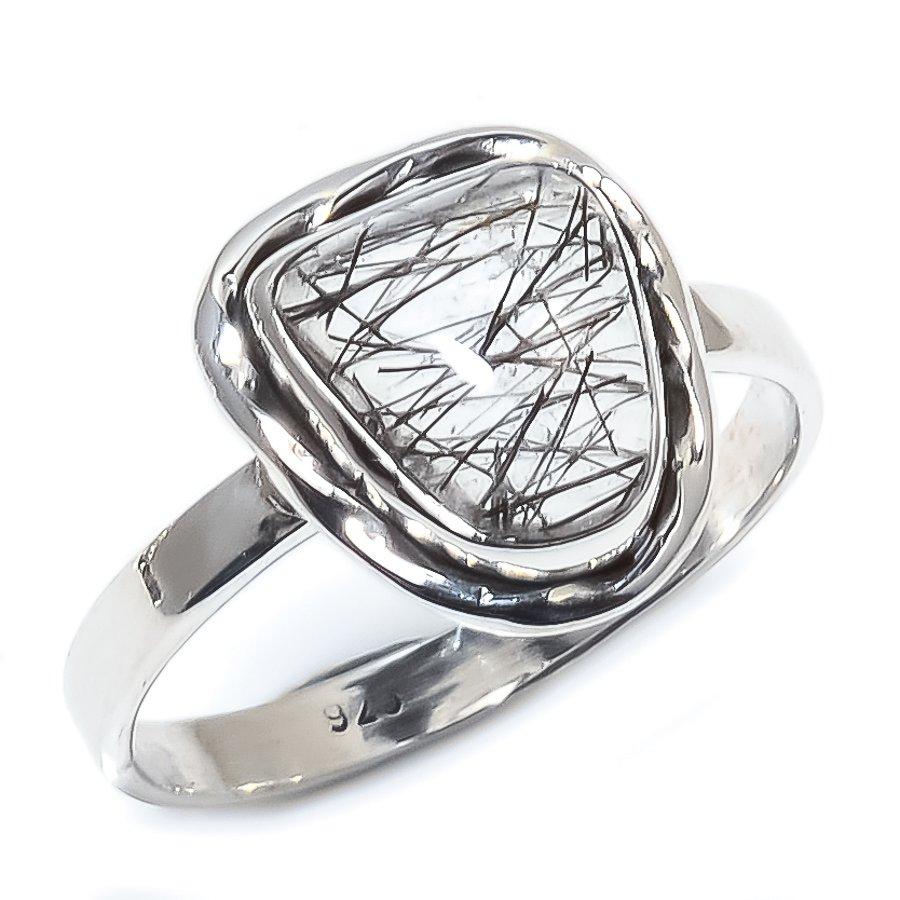 Naturalny Kamień Rutylu Czarny Ręcznie Robiony Biżuteria Pierścionek Srebro Próby 925 R.8 Y0p05