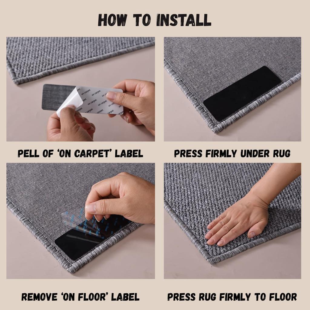 12-Pack Gripper for Rug for Hardwood Floors and Tiles: Double-Sided Reble Rug Carpet Tape. Anti-Slip Tape Grips Area Rugs, Non-Slip Rug Pads Prevent