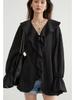 Women Shirt Loose Casual Ruffled Edges Female Blouses V Neck Lace Up Mid Length Woman Shirts Spring Summer