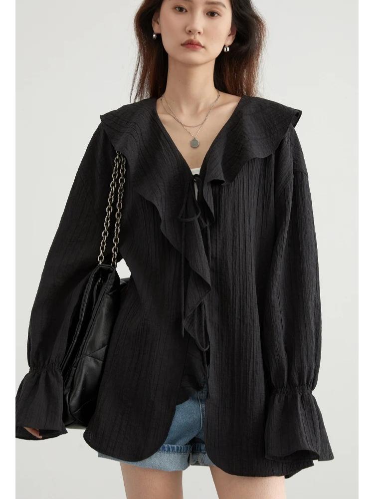 Women Shirt Loose Casual Ruffled Edges Female Blouses V Neck Lace Up Mid Length Woman Shirts Spring Summer