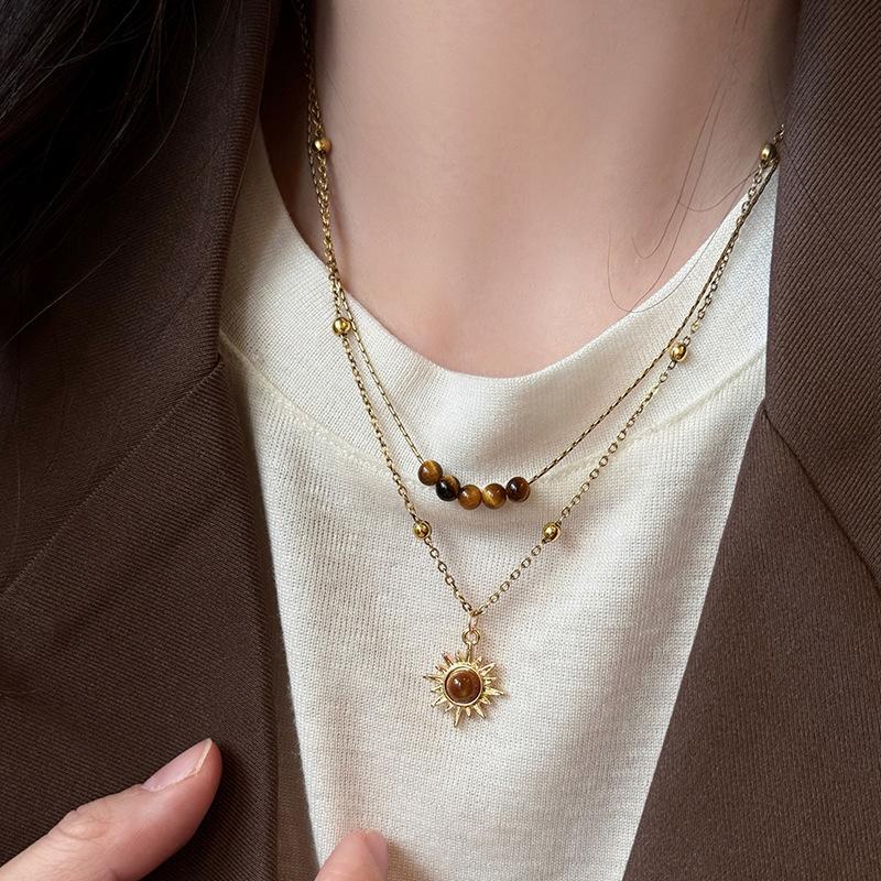 Fashion Double Layer Sunflower Pendant Necklace For Women Brown Tiger Eye Stone Beaded Sweater Dress Chain Choker Luxury Jewelry