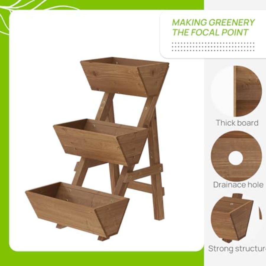 3-Tiers Wooden Raised Garden Bed Planter Box Flower Pots Vertical Garden Planter Wood Plant Stand for Vegetables Flowers Herbs