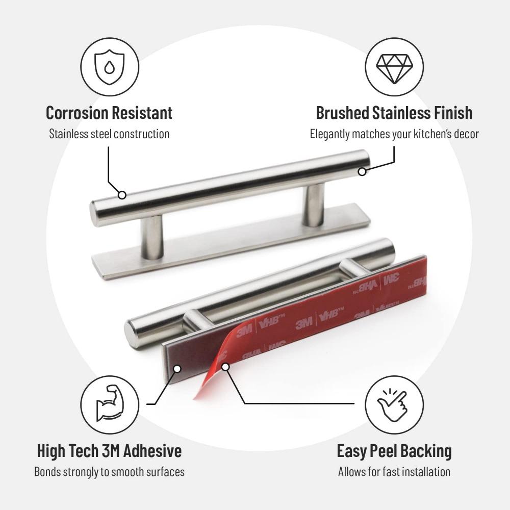 Adhesive Cabinet Handles 5" | No Drilling Stick On Handle for Drawers Doors Wardrobes Windows | 3M Adhesive | 4 Pack Brushed Nickel All Metal Handles