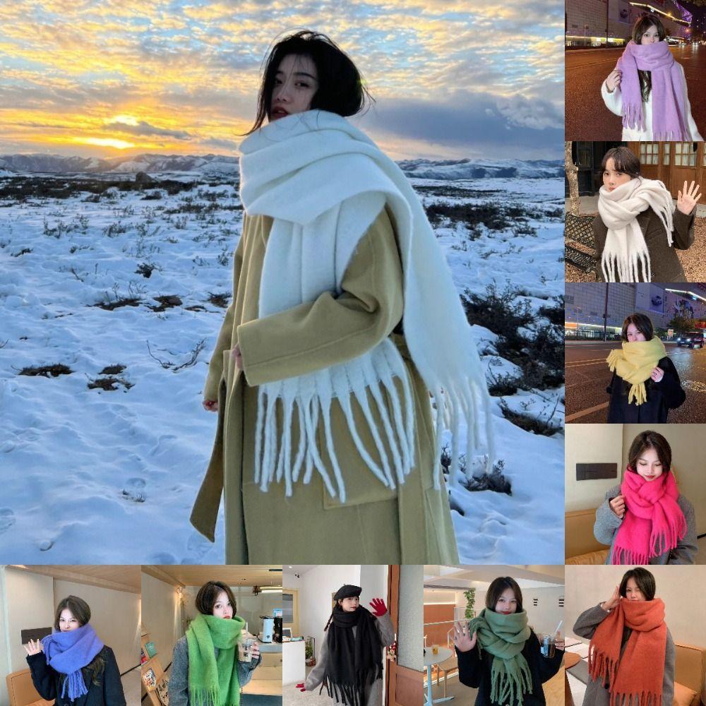 Fashion Warm Winter Cashmere Scarf Solid Color Soft Long Tassel Scarves Mohair Thickened Shawl Wrap Women