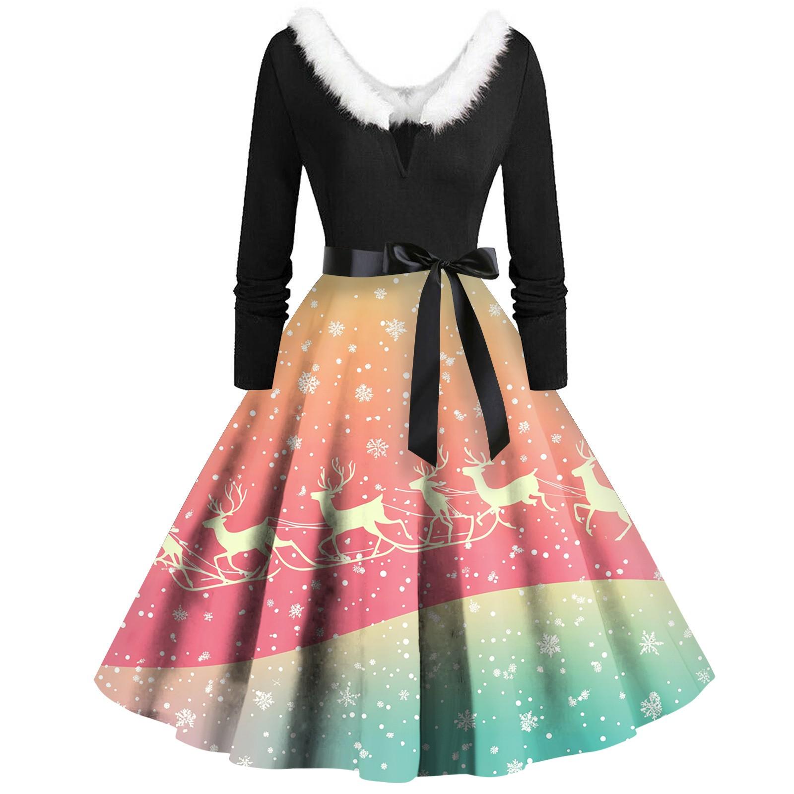 

Женские рождественские принты с длинным рукавом и V-образным вырезом больших размеров вечерние выпускные платья XL