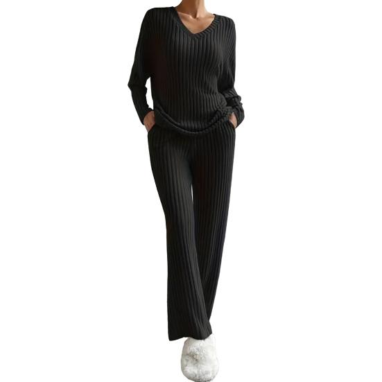 Damen Loungewear Set Geripptes Langarm-Oberteil und Weite Hose Passendes Pyjama-Set Lässige 2-teilige Outfits