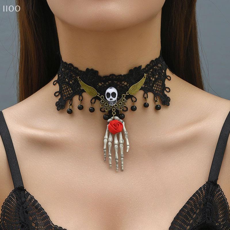 Lace Spider Web Design Necklace Earrings Set Retro Gothic Style Black Lace Choker Necklace Halloween Jewelry