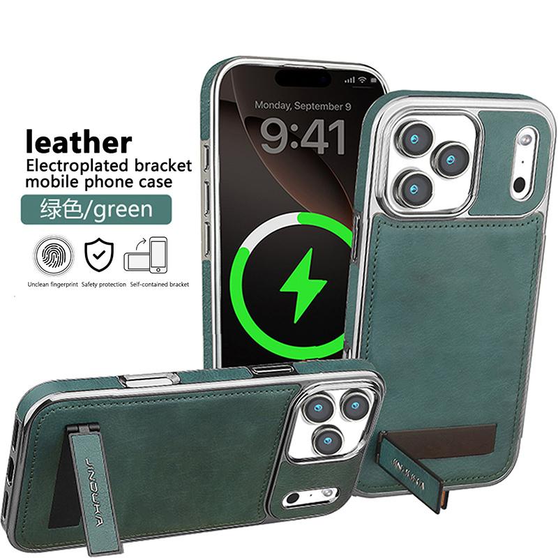 Electroplated Leather Phone Case For iPhone 17 Pro Max 17Air 16 15 Plus 14 Pro 13 12 11 Invisible Bracket Lens Protective Cover