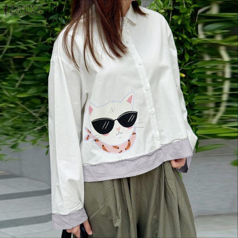 ZANZEA Women Casual Turn Down Collar Long Sleeve Print Blouse