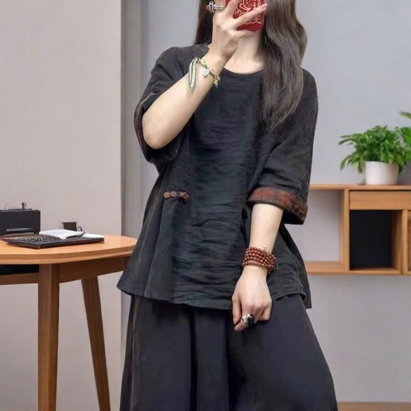 Women's Chinese Retro Sand Washed Fried Linen Pipa Button Side Slit Shirt Mid-sleeve Cotton Linen Top