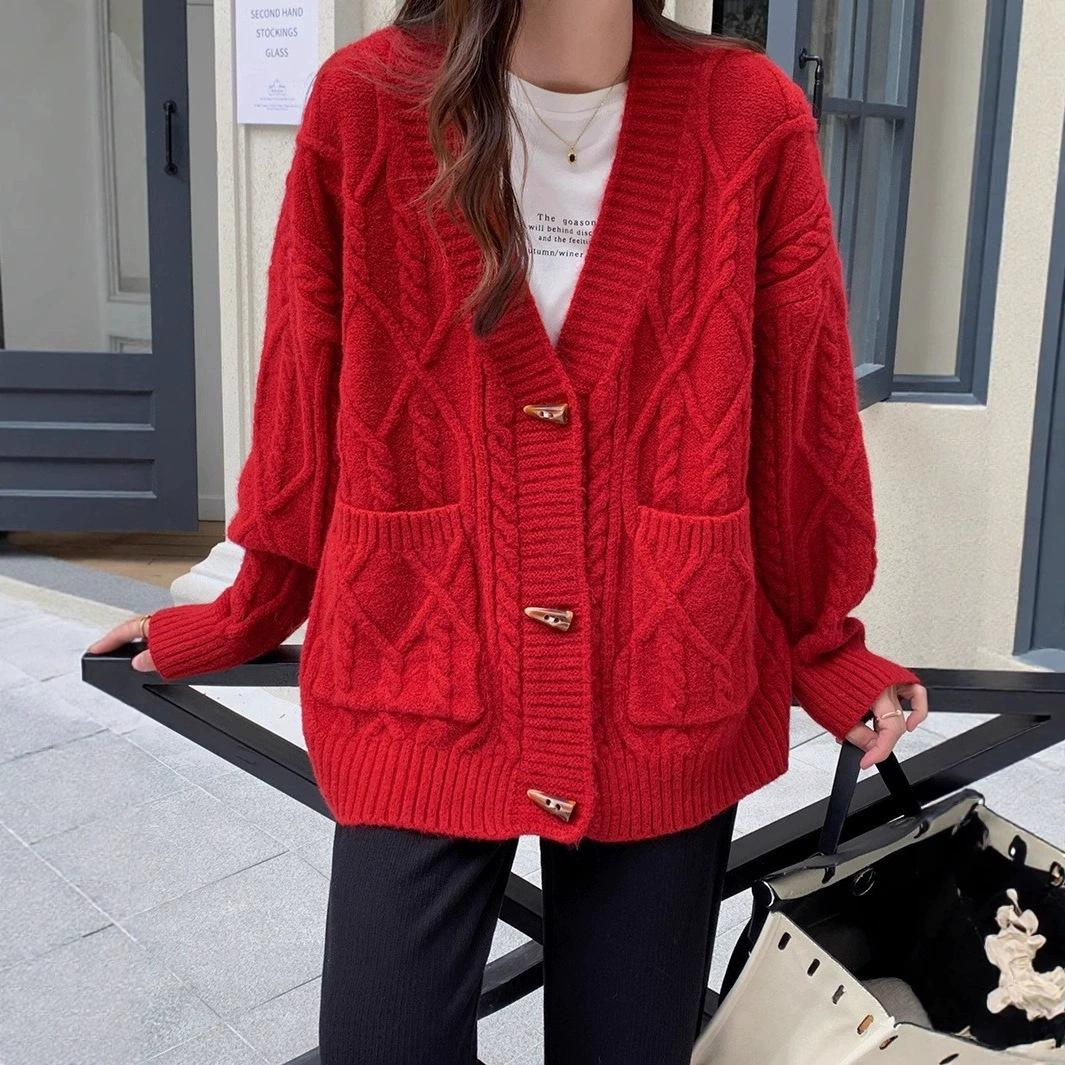 

Винтажная куртка-свитер с застежкой-роговицей, женская, новая, осенне-зимняя, ленивый ветер, свободный крой, мягкий восковой трикотажный кардиган One size красный