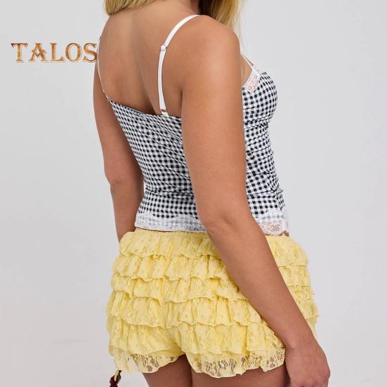 Women Summer Shorts Multi-layered Scattered Hem Ruffle Lace Trim Beach Shorts Lolita Style High Waist Ultra-short Shorts Daily Wear Sleep Shorts