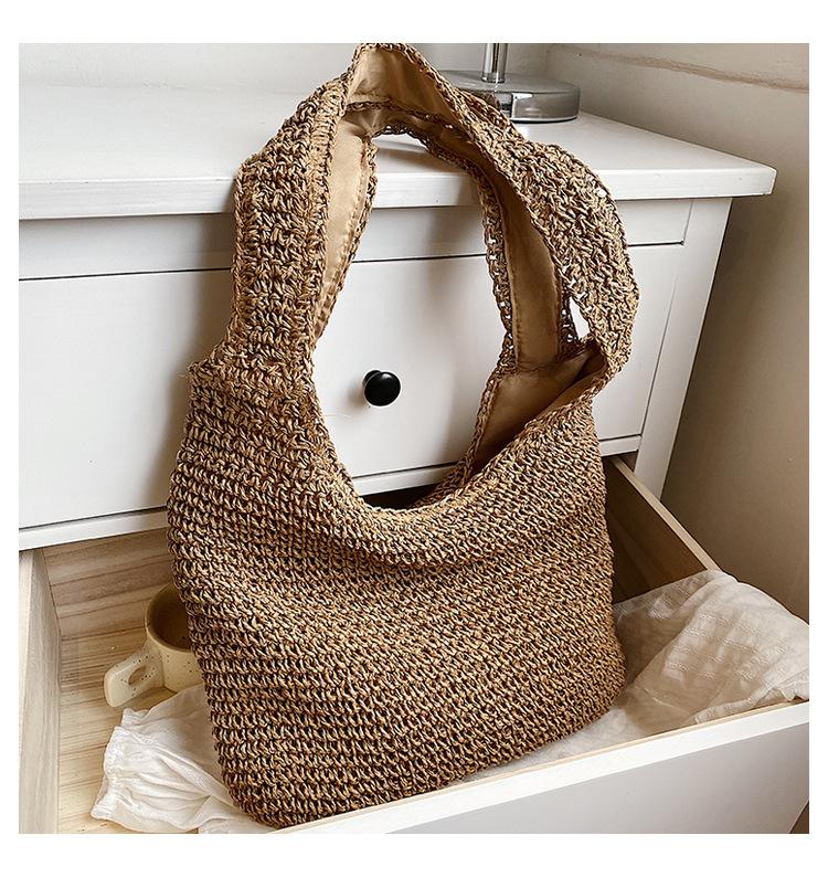 

Vacation style papyrus woven bag large capacity leisure shoulder tote bag retro travel beach bag хаки