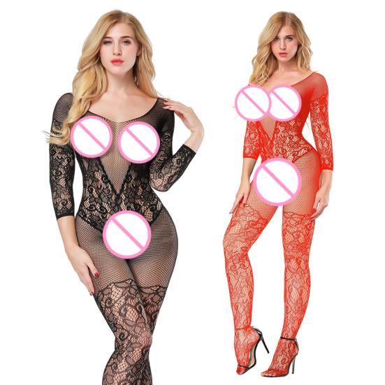 Women Underwear Embroidery Body Stockings Sexy Hollow Long Sleeve Nightwear