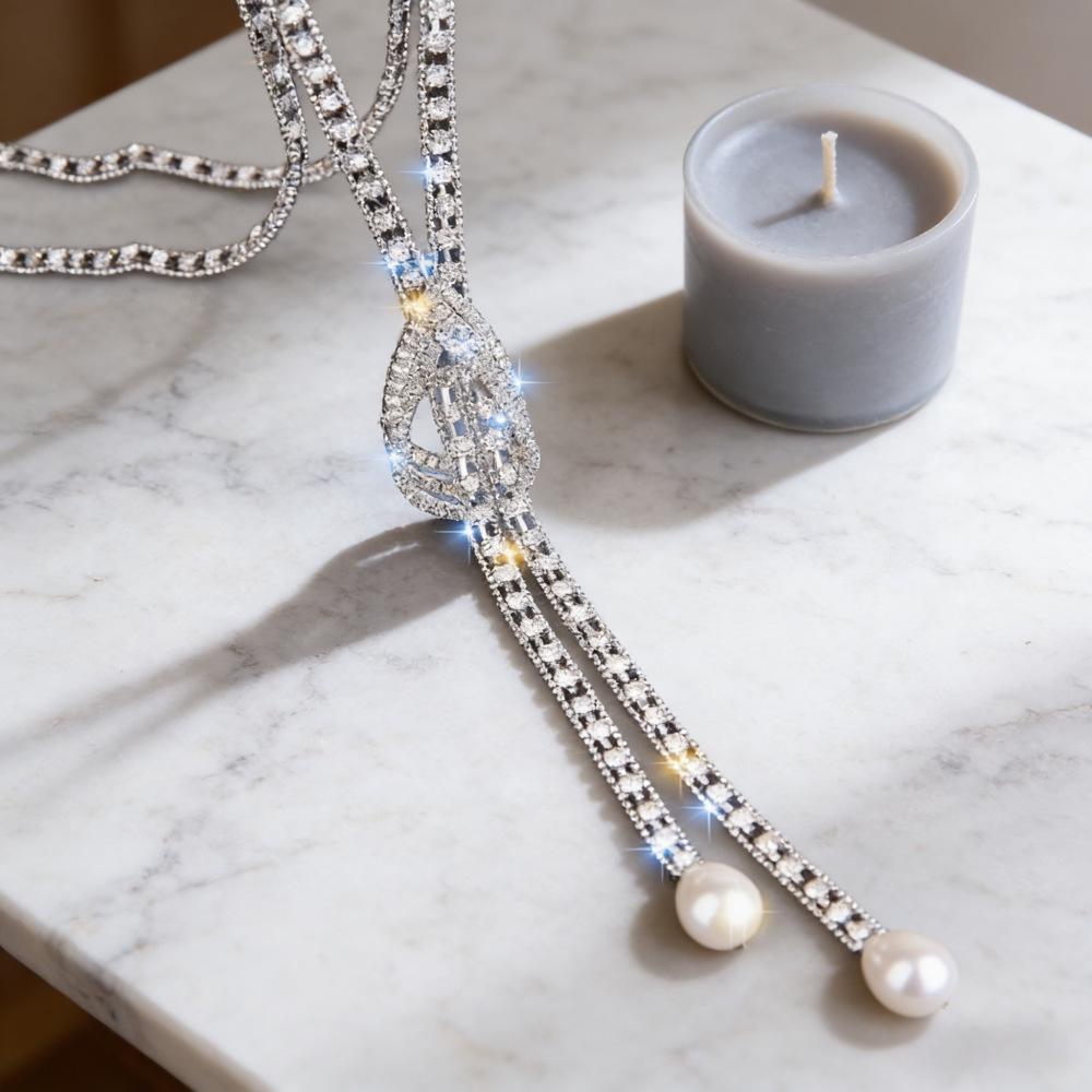 Korean Style Claw Chain Water Drop Crystal Long Sweater Necklace with Pearls