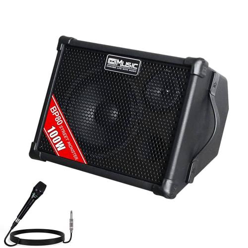 Coolmusic BP80 Battery-Powered Acoustic Guitar Amplifier - Portable BT Amplifier 100W, 6 Inputs, 3-Band EQ, Black