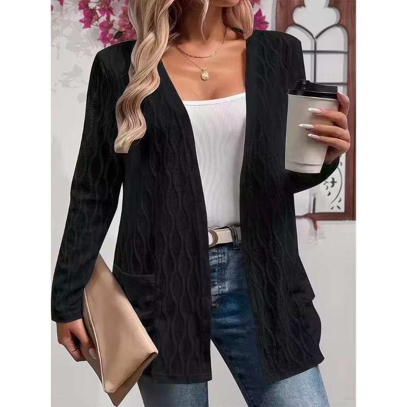 Spring and autumn comfortable casual elegant solid color fashion texture fabric pocket large size women's unbuttoned cardigan