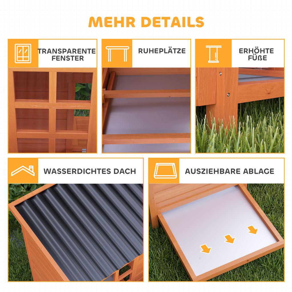 Hühnerstall mit Legenest für 3-4 Hühner, Wasserdichtes Dach, Tannenholz, Kunststoff, 100 x 86 x 100 cm, Orange