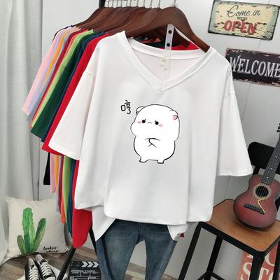 Camiseta de manga curta, Solta, Top V-neck Estampado Emagrecedor para Mulheres