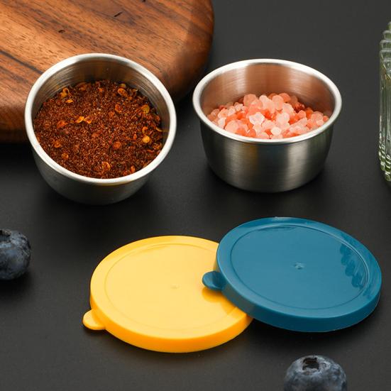 6Pcs Sauce Cups with Easy Open Colorful Lids Leak-Proof 40ml Salad Dressing Containers Stainless Steel Snack Cups