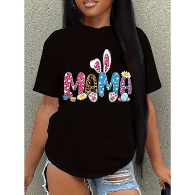 European Size Easter MAMA Cartoon Print T-shirt, Bunny Egg Casual Short Sleeve Crew Neck Tee For Spring And Summer Outdoor