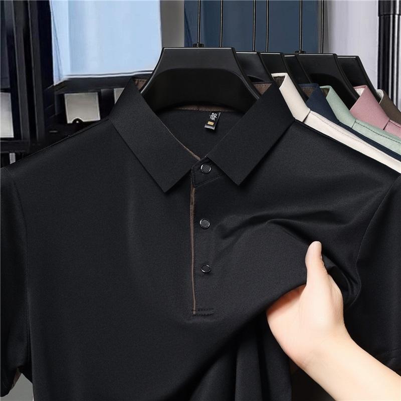 Мужская бесшовная рубашка-поло из ледяного шелка, короткий рукав, деловой повседневный стиль, дышащая, устойчивая к складкам 4XL чёрный