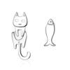 S925 Sterling Silver Asymmetrical Cat and Fish Stud Earrings, Korean Cute Fashion for Women
