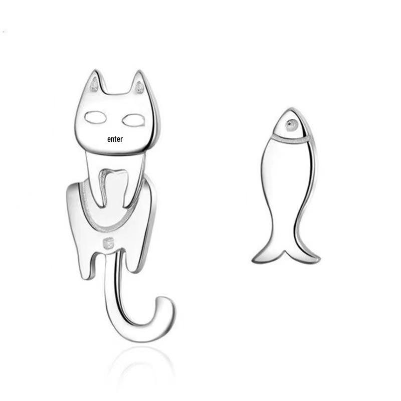 S925 Sterling Silver Asymmetrical Cat and Fish Stud Earrings, Korean Cute Fashion for Women