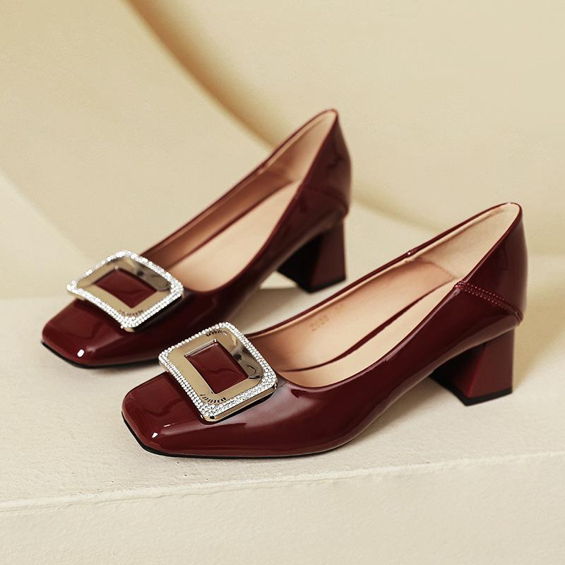 Not tired feet high heels thick heels wedding shoes new women's shoes burgundy square head light mouth single shoes