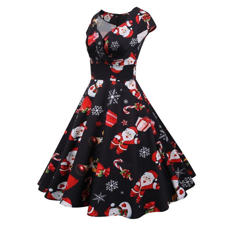 Spring New New Christmas Style V Neck Short Sleeve Print Mid Length Long Length Dress Dress Christmas Dress